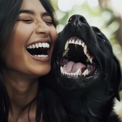 Wall Mural - A woman laughs with her dog. AI.