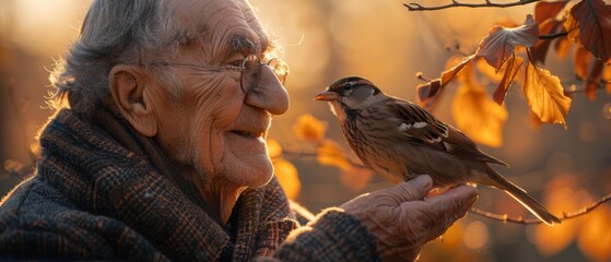 Canvas Print - A man holds a small bird in his hand. AI.