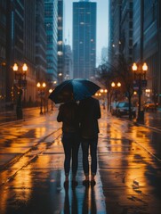 Sticker - A couple walks down a wet city street under an umbrella. AI.