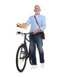 © New Africa - Happy postman with bicycle delivering letters on white background