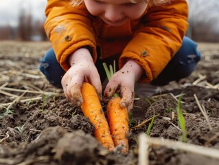 Sticker - A child pulls carrots from the ground. AI.