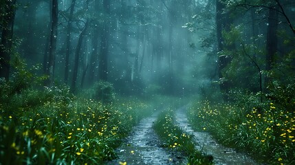 Wall Mural - A crisp and detailed photo of a forest path with rain gently falling, creating a serene and peaceful atmosphere. 