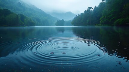 A peaceful and sharp photo of a calm lake with gentle raindrops creating ripples on the water's surface. 