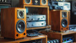 © Nano Photos - A room with a collection of vintage audio equipment, showcasing large wooden speakers and various amplifiers, creating a nostalgic music setup.