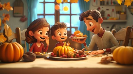 Cute Cartoon Family Thanksgiving Dinner - 3D Illustration