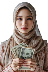 Portrait of Asian Muslim woman holding banknotes isolated on transparent background