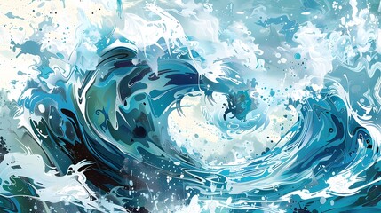 Wall Mural - Abstract Wave Explosion, An abstract interpretation of breaking waves, featuring vibrant, swirling patterns and splashes in shades of blue