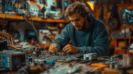 professional computer technician working on an old PC machine in vintage style, concept of work from home, start up, small business, and technology