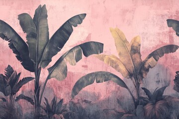 Poster - Tropical Paradise: Banana Tree Wallpaper in Pastel Tones - Mural Art with Exotic Landscape Design