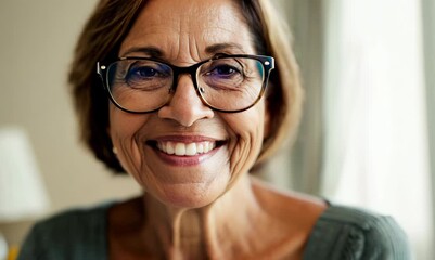 Wall Mural - Portrait of smiling mature woman in eyeglasses looking at camera