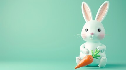 Poster - A cute cartoon bunny holding a carrot on a green background.