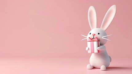 Poster - A cute cartoon bunny holding a pink gift box on a pink background.