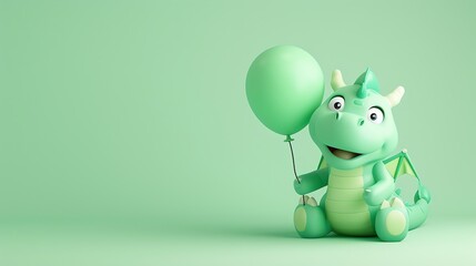 Sticker - A cute cartoon dragon with a green balloon on a green background.