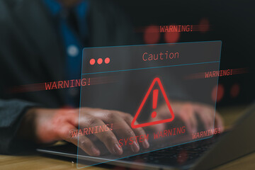 System warning hacked alert, cyberattack on computer network. Cybersecurity vulnerability, data breach, illegal connection, compromised information concept. Malicious software, virus and cybercrime.