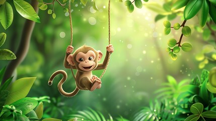 Poster - A cute cartoon monkey swings on a vine in a green jungle.