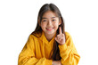© IMOTION - Confident Asian teenage girl showing something sitting at the table isolated on transparent background