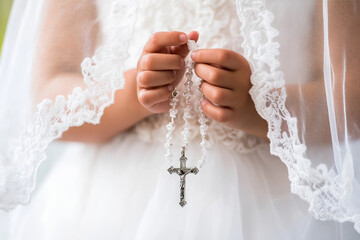 Girl Holding Rosary Beads in First Communion Dress