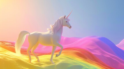 Sticker - A white unicorn with a golden horn stands on a rainbow landscape.