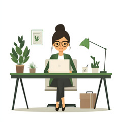 happy modern 40 years old woman worker in modern green office isolated on white background, flat design, png