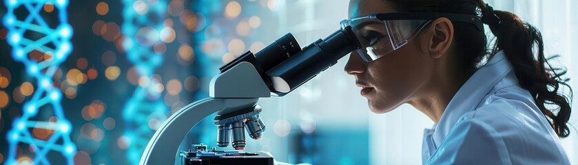 Genetic scientists at work, DNA under microscope, laboratory, side view, detailed research process, technology tone, Analogous Color Scheme, copy space for text,