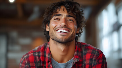 young hispanic man in studio laughing and having fun isolated on white background, cinematic, png