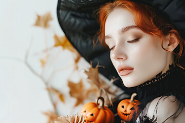 Redheaded young woman in black attire with Halloween pumpkins, embracing autumn season in a creative setting