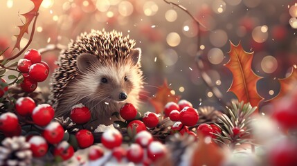 Wall Mural - A hedgehog looks closely at red berries in the snow.