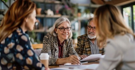 Wall Mural - A group of people enjoying a conversation over coffee at a cozy cafe in a business setting