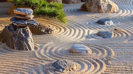 Wall Mural - A zen garden with rocks and raked sand patterns.