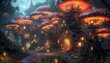 © NeeArtwork - A whimsical scene of a fairy village nestled in giant mushrooms, with tiny glowing lights and magical creatures, Fantasy, Digital Art, Vibrant colors, High detail