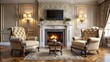 © anulak - Traditional Living Room with Ornate Furniture and a Statement Fireplace  Generative AI