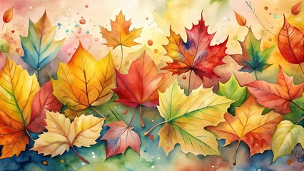 Wall Mural - Whimsical Watercolor Wash of Vibrant Autumn Leaves  Generative AI