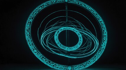 Wall Mural - teal glowing magic circle in black background abstract background backdrop design copy space illustration art