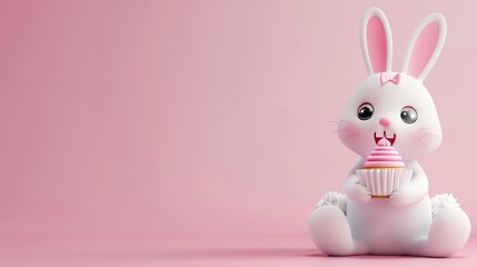 Canvas Print - A cute cartoon bunny holding a cupcake, on a pink background.