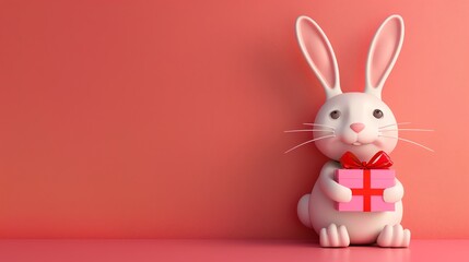 Canvas Print - A cute cartoon bunny holding a pink gift box on a pink background.