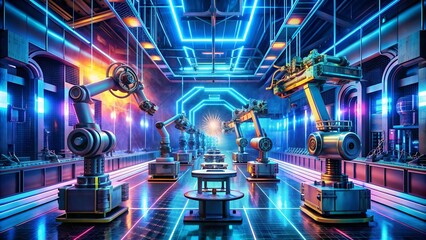 Canvas Print - A Symphony of Steel and Light: Unveiling the Heart of a Robotics Lab  generative AI