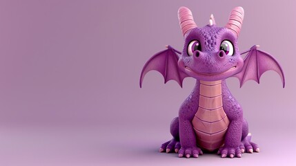 Canvas Print - A cute purple cartoon dragon sits on a purple background.