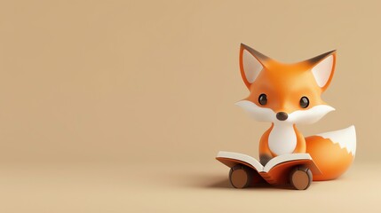 Poster - A cartoon fox is sitting and reading a book on a peach background.