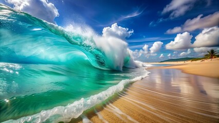 Poster - A Symphony of Blue: A Close-Up of a Turquoise Wave Crashing on a Sandy Beach  generative AI