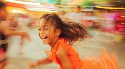 Poster - A little girl is running in an amusement park.