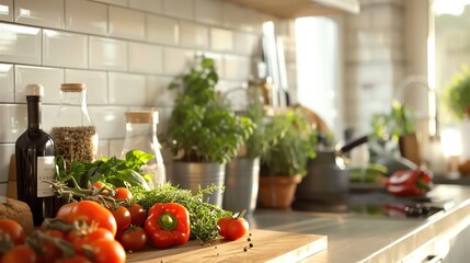 Wall Mural - Fresh vegetables, herbs, and seasonings on a kitchen counter.