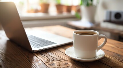 Wall Mural - A close-up of a cup of coffee and a laptop on a wooden table.