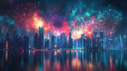 Cityscape with Fireworks Display