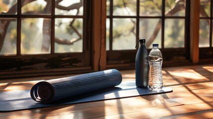 Poster - A yoga mat and two water bottles on a wooden floor.