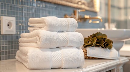 A stack of white towels on a bathroom counter.