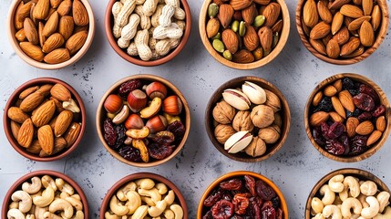 Sticker - A variety of nuts and dried fruit in small wooden bowls.