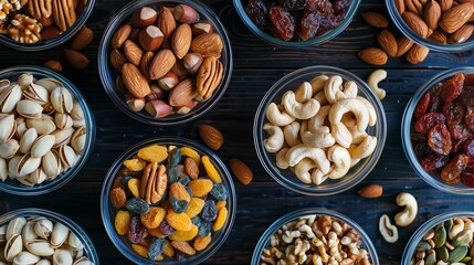 Wall Mural - A variety of nuts and dried fruit in bowls on a wooden surface.