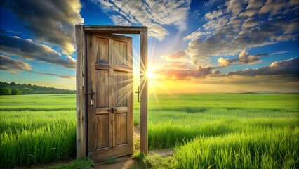 Canvas Print - A Glimmer of Hope: A Single Doorway Leading to a Sunlit Field  AI Generated