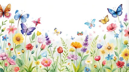 Wall Mural - Whimsical Watercolor Wildflower Border with Dancing Butterflies  generative AI