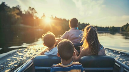 Poster - A family of four on a boat ride at sunset.